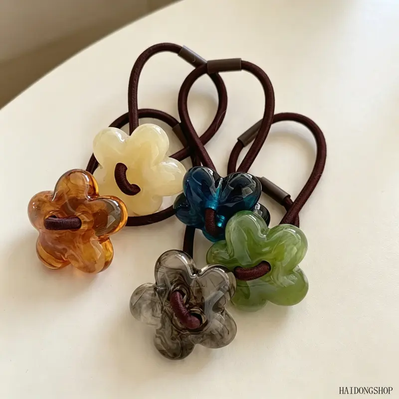 Women Beaded Elastic Hair Scrunchie, Ink Wash Marbled Acrylic Floral Hair Band With Flower Charm, Stretchy Soft Ponytail Hair Accessory, Versatile All-match Jewelry For Daily Campus Casual Spring Summer Hairstyle Outfits