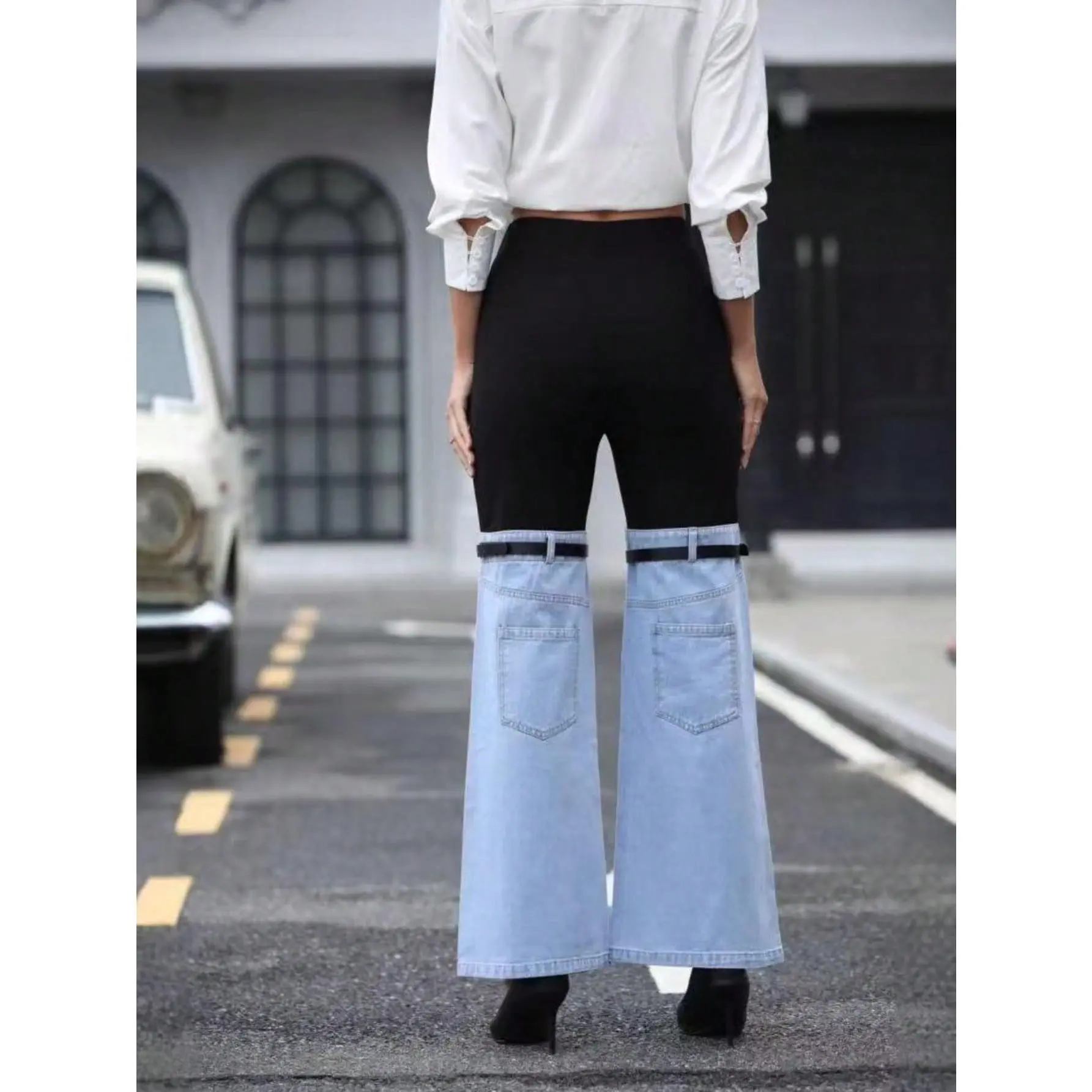 Women's Denim Color Block Straight Leg Jeans With Belted Thigh Cut-Outs, Non-Stretch Long Pants