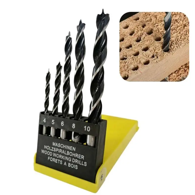 5PCS Brad Point Wood Drill Bit Set, Bearing Steel Drill Bits with Double Cutting Edges, Precision Drilling for Wood, MDF and Plastic, Compatible with Hand Drills and Drill Presses
