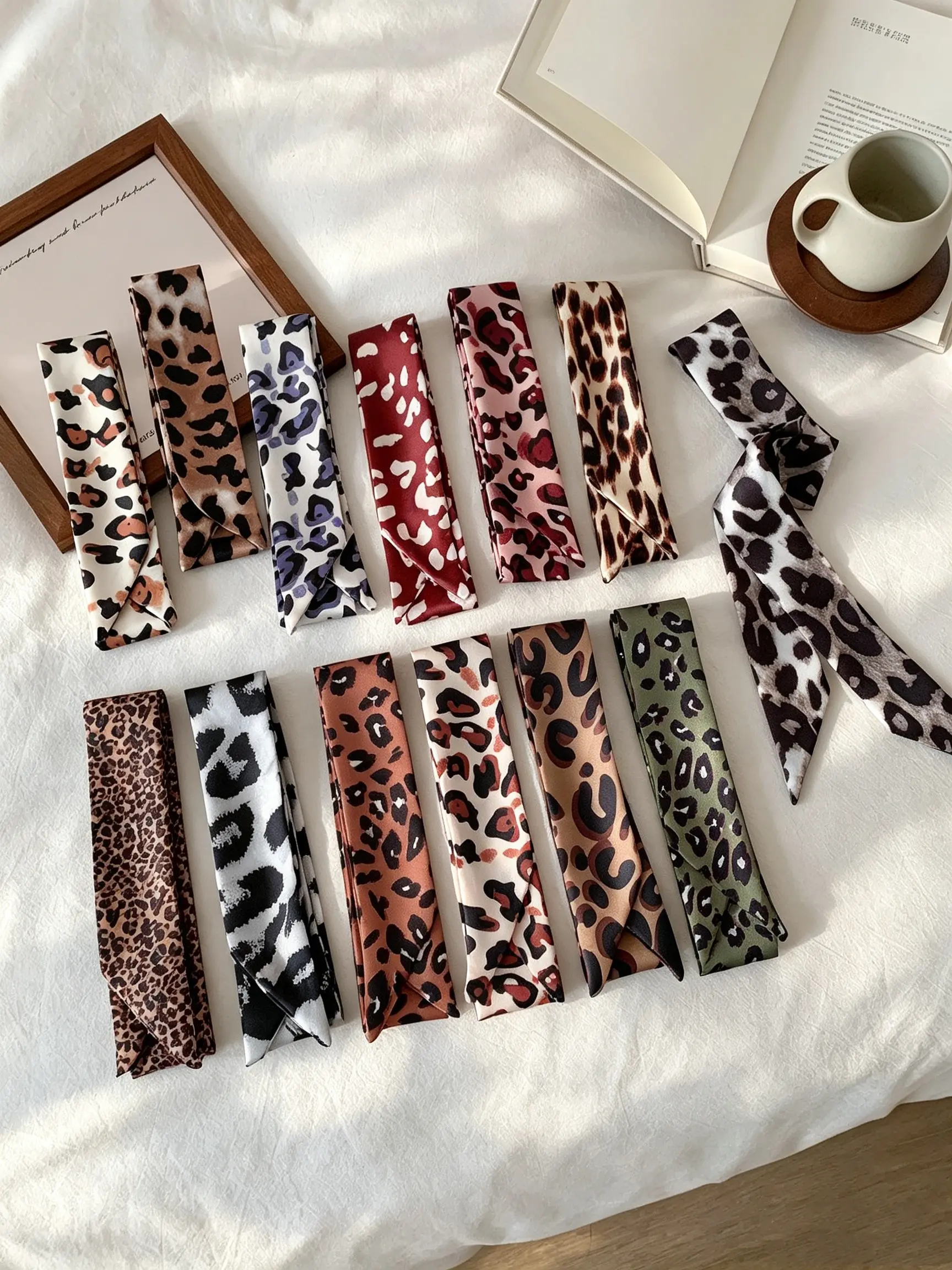 13-Piece French Leopard Print Polyester Scarf Set, Multifunctional Accessories for Women and Girls, Long Strip Design for Bags and Hairbands, Bag Scarf for Handbags