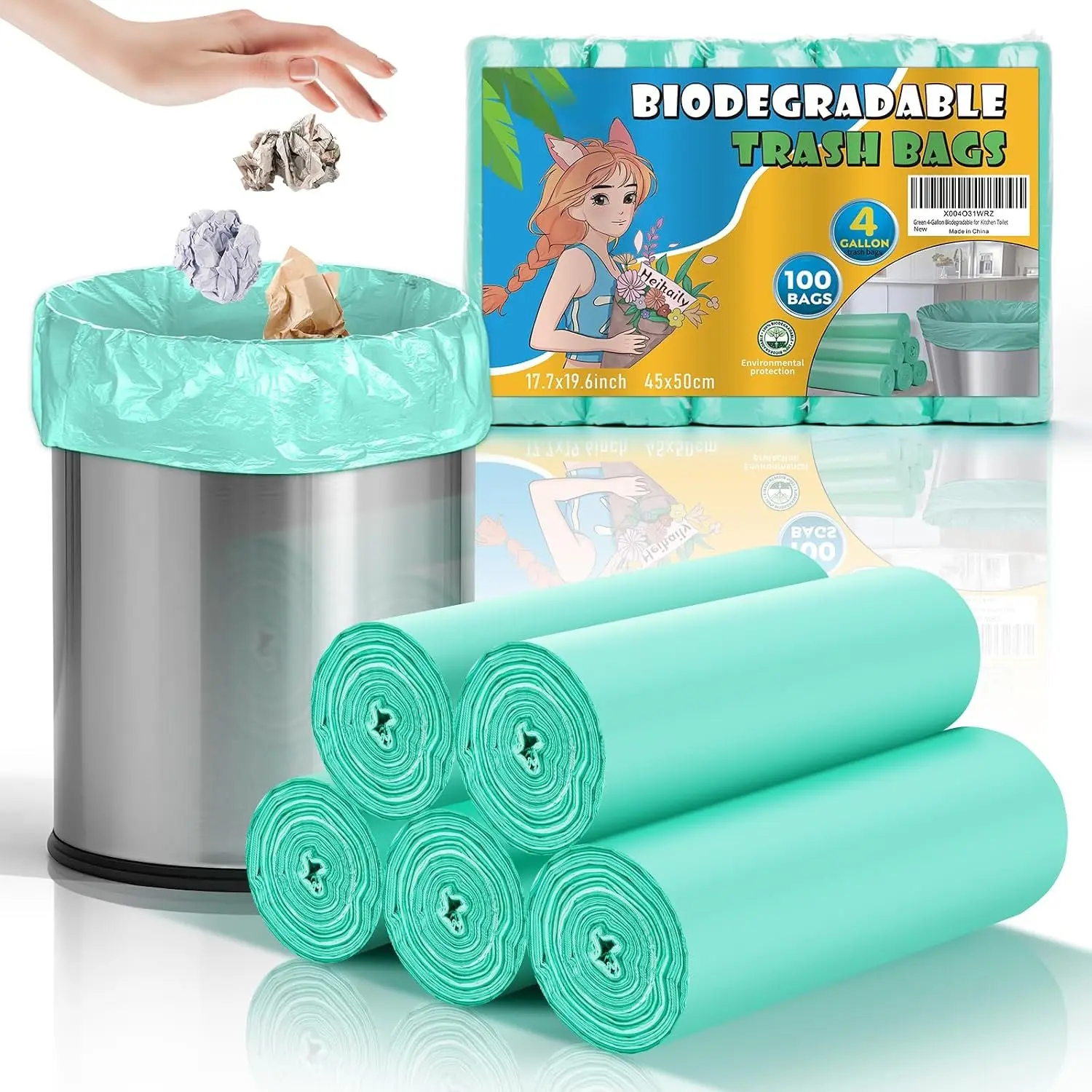 Small Bathroom Trash Bags 4 Gallon - 4 Gal Mini Garbage Bags Green 15 Liter 100 Count Unscented  Compostable  Basket Kitchen Office Liners  Thick Bulk