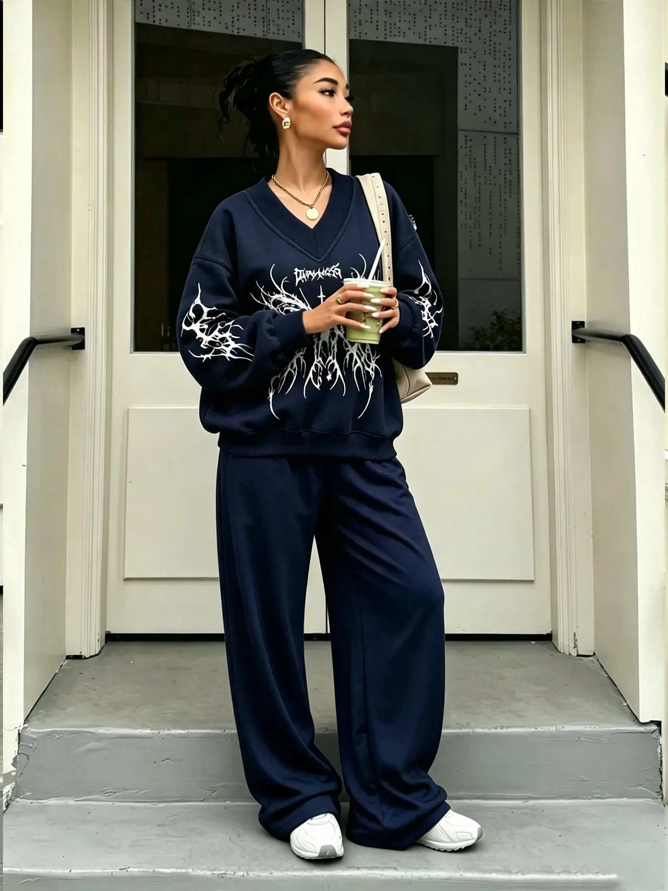 Women's Navy Thorn Butterfly V-Neck Sweatshirt and Wide Leg Pants Set, Casual Loose Fit, Spring & Fall, Comfortable and Stylish