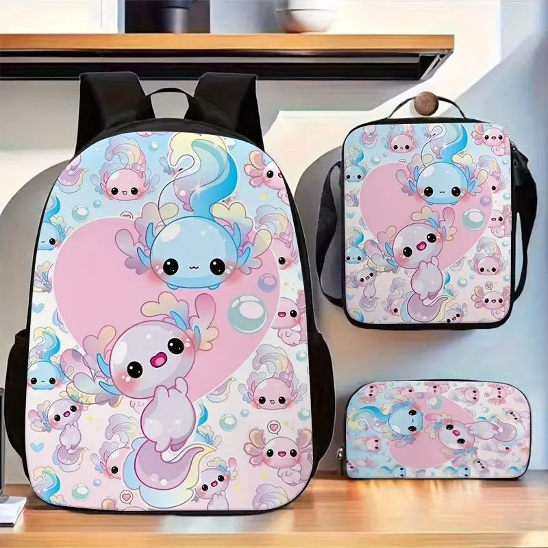 3pcs Cute Axolotl Print Backpack with Crossbody Bag & Pen Case Suitable for, College, & - Lightweight Student Bookbag with Tablet Compartment, Axolotl Themed, for Teenager