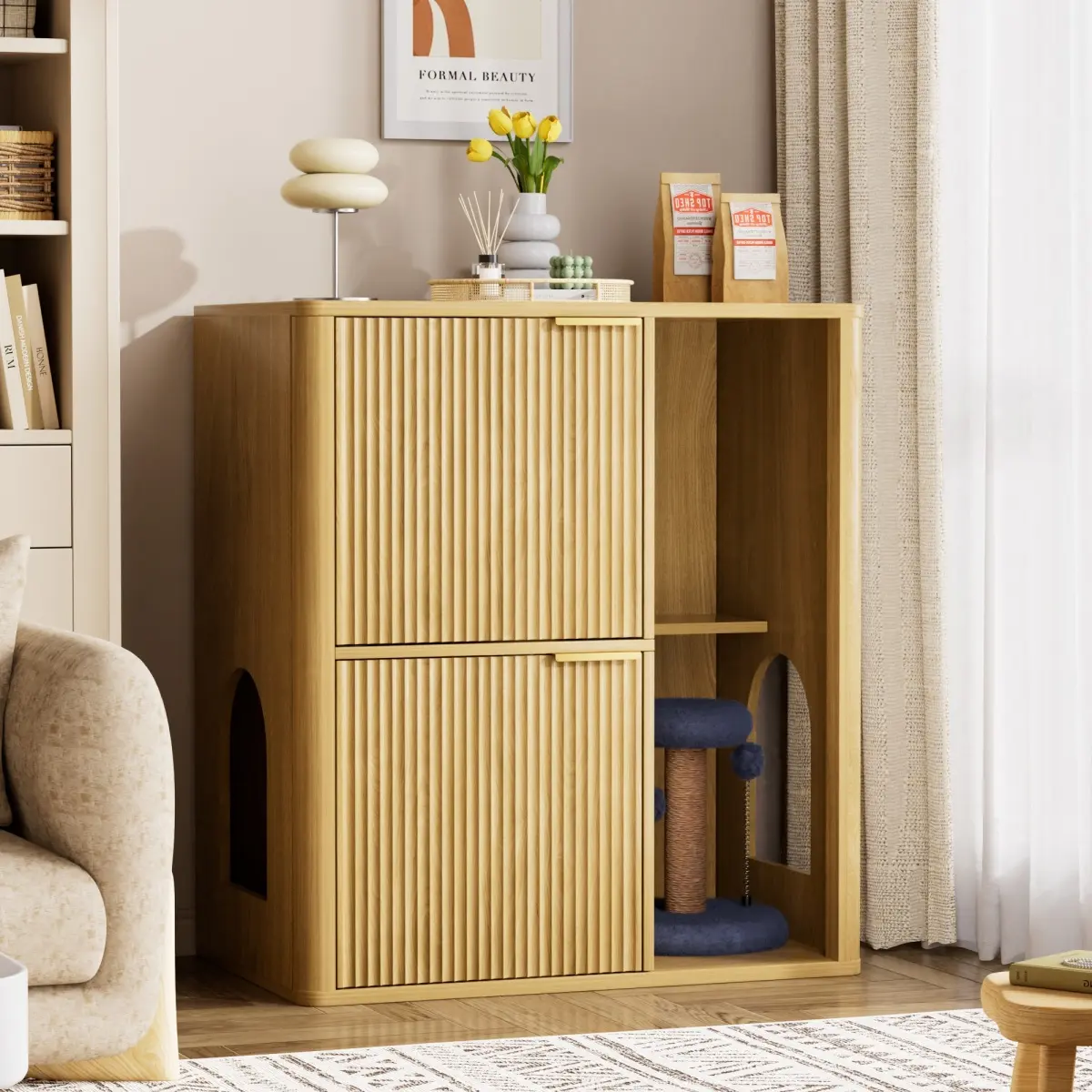 Aobtkel31.5-inch Light Wood Cat Litter Cabinet with Cat Tree - Grooved Concealed Litter Furniture Featuring Dual Cat Doors and Storage Shelves, Versatile Pet Cabinet for Living Rooms or Bedrooms
