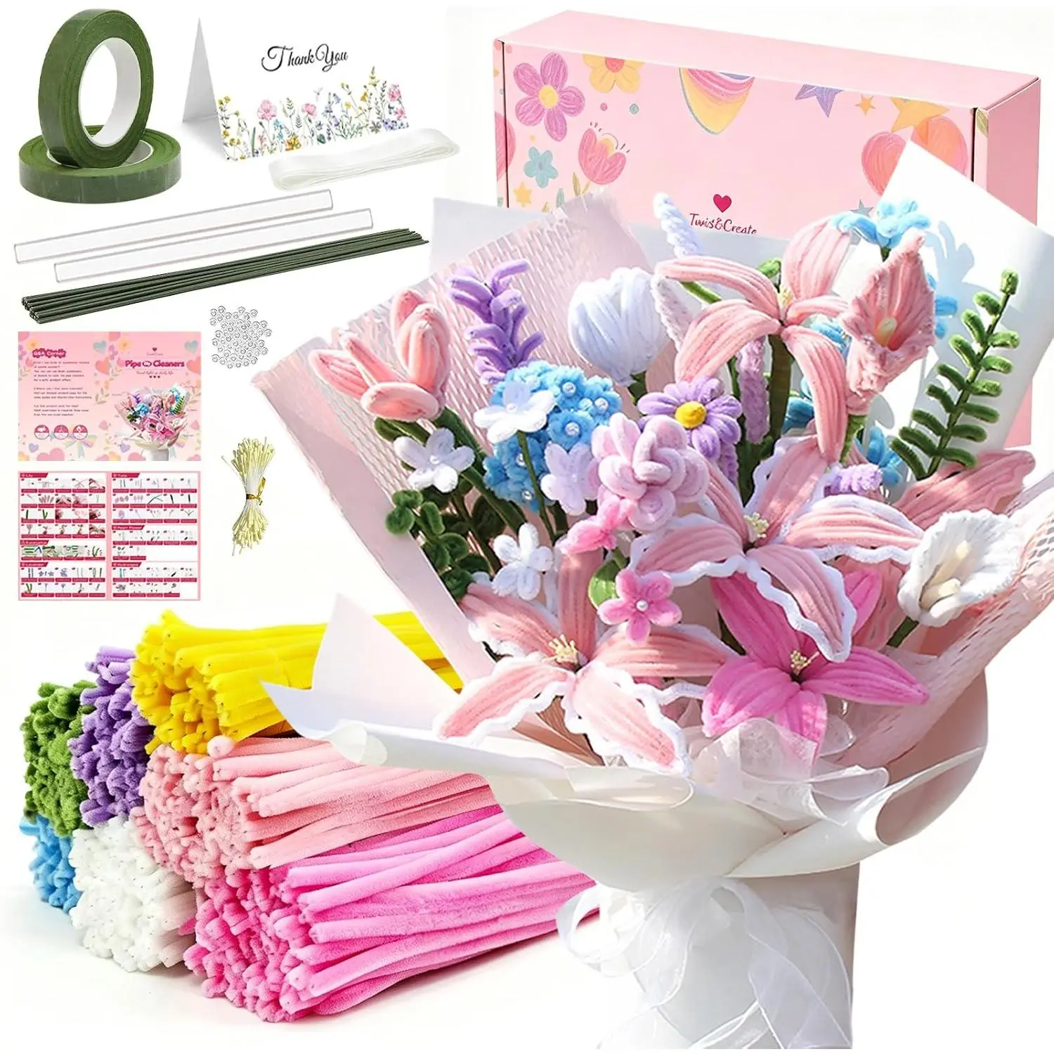 650 count Pipe Cleaners Bulk, Pipe Cleaners Craft 7 Colors Chenille Stems Flower Kit with Floral Wires, Floral Tape, Stamens, Wrapping Paper for DIY Bouquet &  Gifts, Pastel  Pipe Cleaners