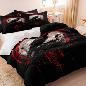 Gothic Red Ring Raven Castle Bedding Set, 1 Duvet Cover + 1/2 Pillowcases, No Filling, HD All Season Print, Soft Breathable Bedding, Dark Horror Crow & Spooky Castle Pattern for Goth Bedroom Decor, Easy Clean