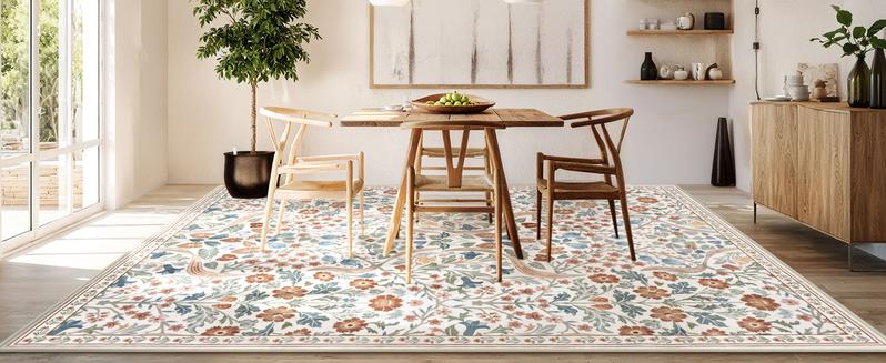 Moynesa Floral Washable Faux Cashmere Rugs, 8x10 Area Faux Cashmere Rug for Living Room, Soft Large Boho Bedroom Faux Cashmere Rugs, Flower Non Slip Ultra Thin Botanical Carpet for Dining Room Nursery Office, Beige