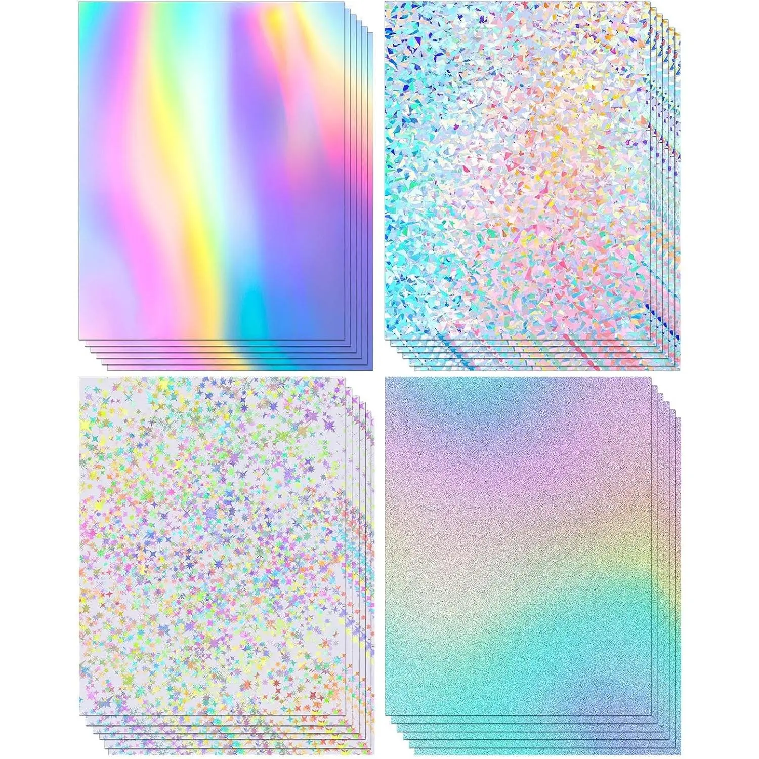24 Sheets Holographic Cardstock 8.5 x 11 Inch, 250gsm, 4 Designs - Single-Sided Metallic Finish with White Back for Writing, Thick Smooth Paper for Crafts, Cards, Scrapbooking, Party DecorGift