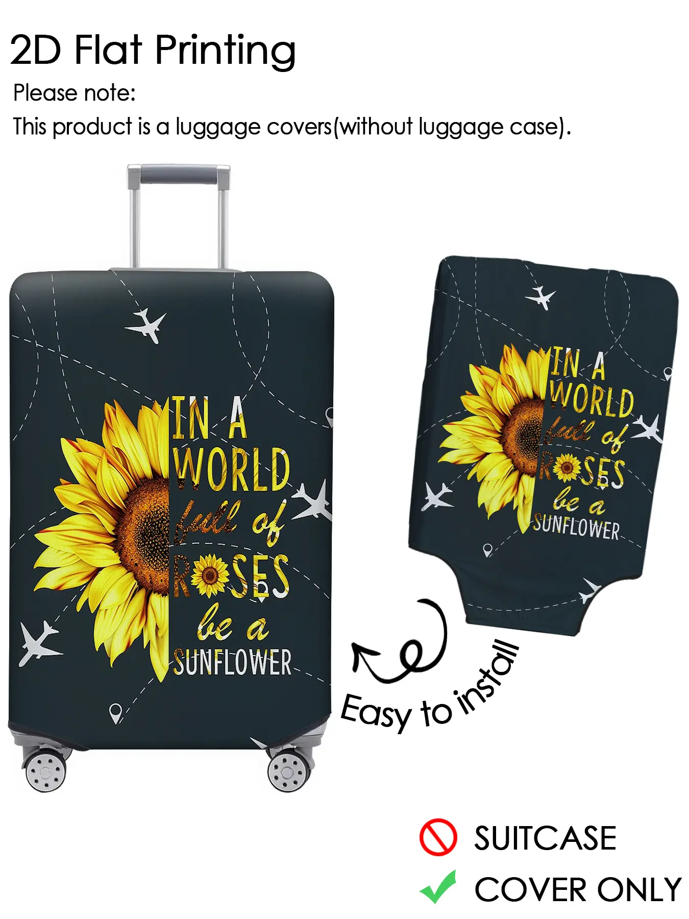 Black background sunflower airplane travel luggage cover, luggage dust cover, personalized pattern that is not easy to confuse, dustproof, and scratch resistant, suitable for 18-32 inch luggage, a must-have accessory for travel