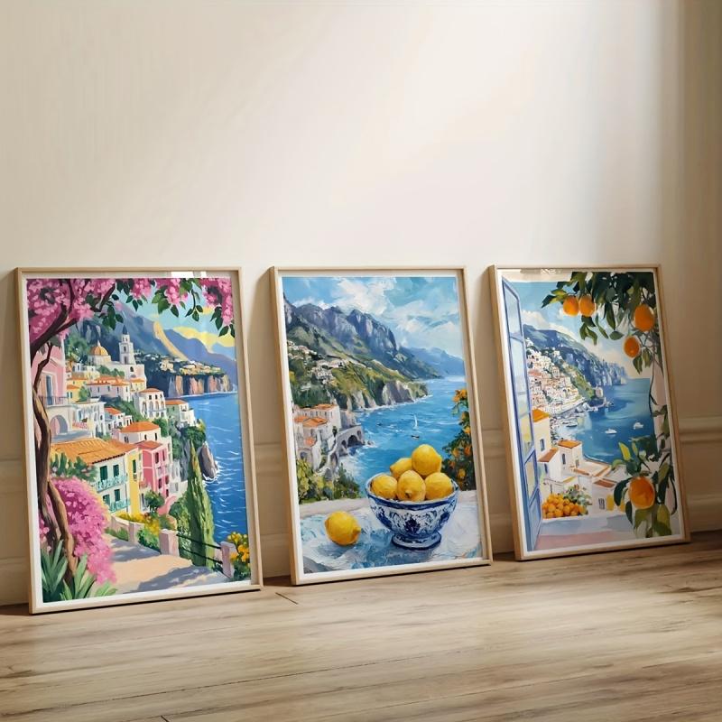 2D Flat, Set of 3 Amalfi Coast Art Prints, Vibrant Summer Mediterranean Artwork, Italian Coastal Scenery Posters, Travel Season Holiday Coastal Decor Oil Paintings, Not Framed