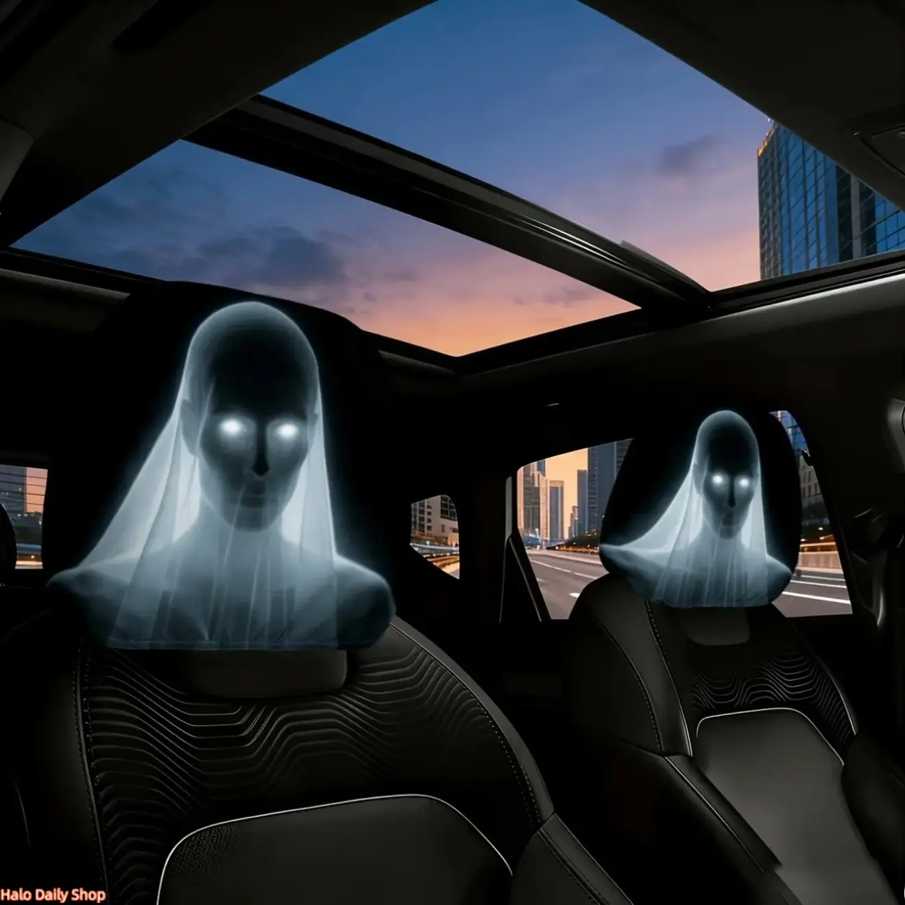 2pcs Terrifying Ghost Bride Mysterious Glowing Eyes Scar Headrest Cover, Car Interior Accessory, Washable, Easy to Install, Durable And Comfortable Car Headrest Cover, Suitable for Cars And Suvs, Suitable for Halloween, Christmas