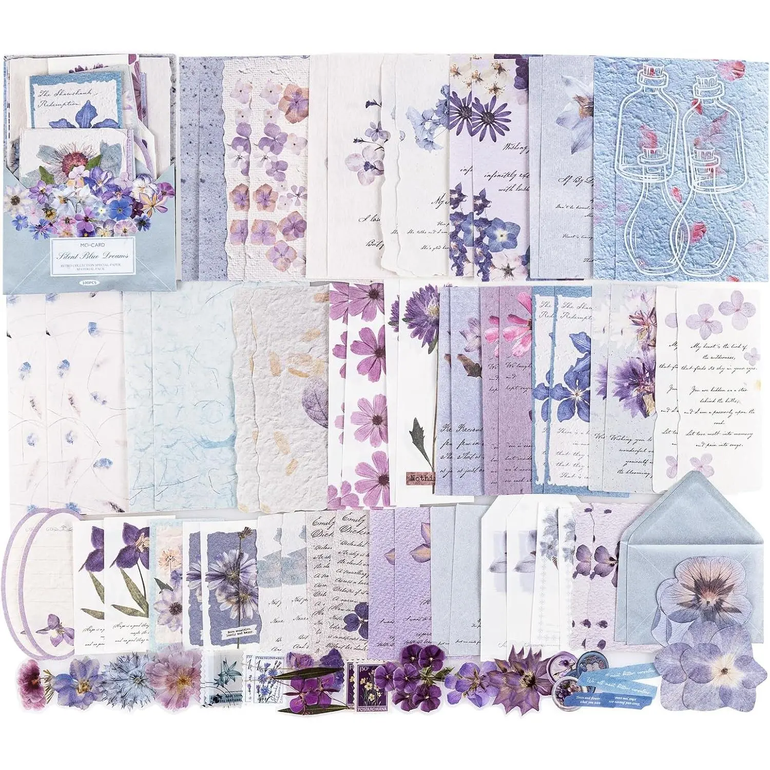 100 count Floral Scrapbook Supplies Kit for Junk Journal | Scrapbooking Paper &  Stickers Bundle – Botanical Floral Collage Kit for Card Making, Art Journal(Blue)