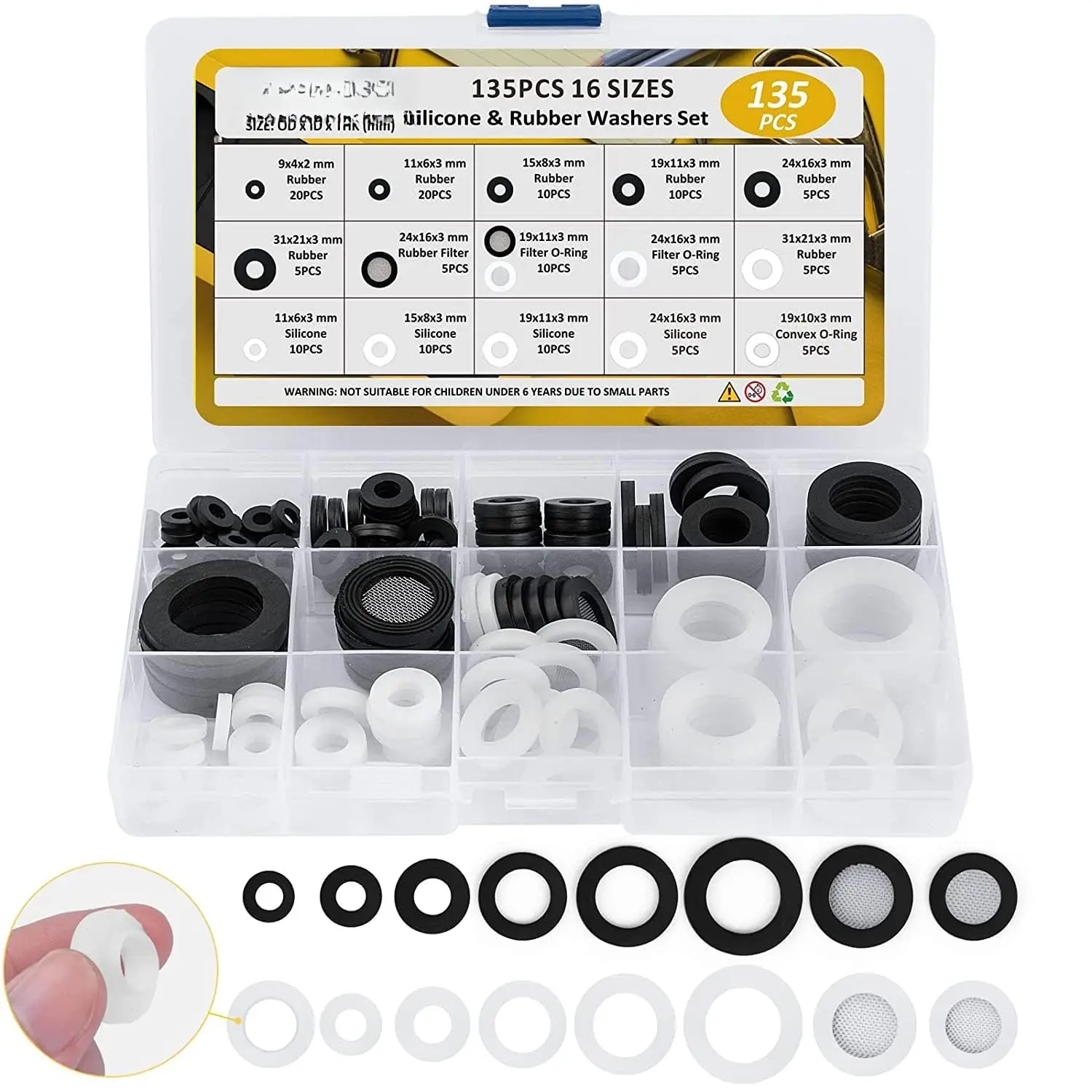 135 count Rubber &  Hose Washers Kit, 16 Sizes with Screen Filter | Garden Hose Gaskets for Seals Repair & Shower Hose / Faucet / Shower , Hose Gaskets Set, Seal and  Leakage