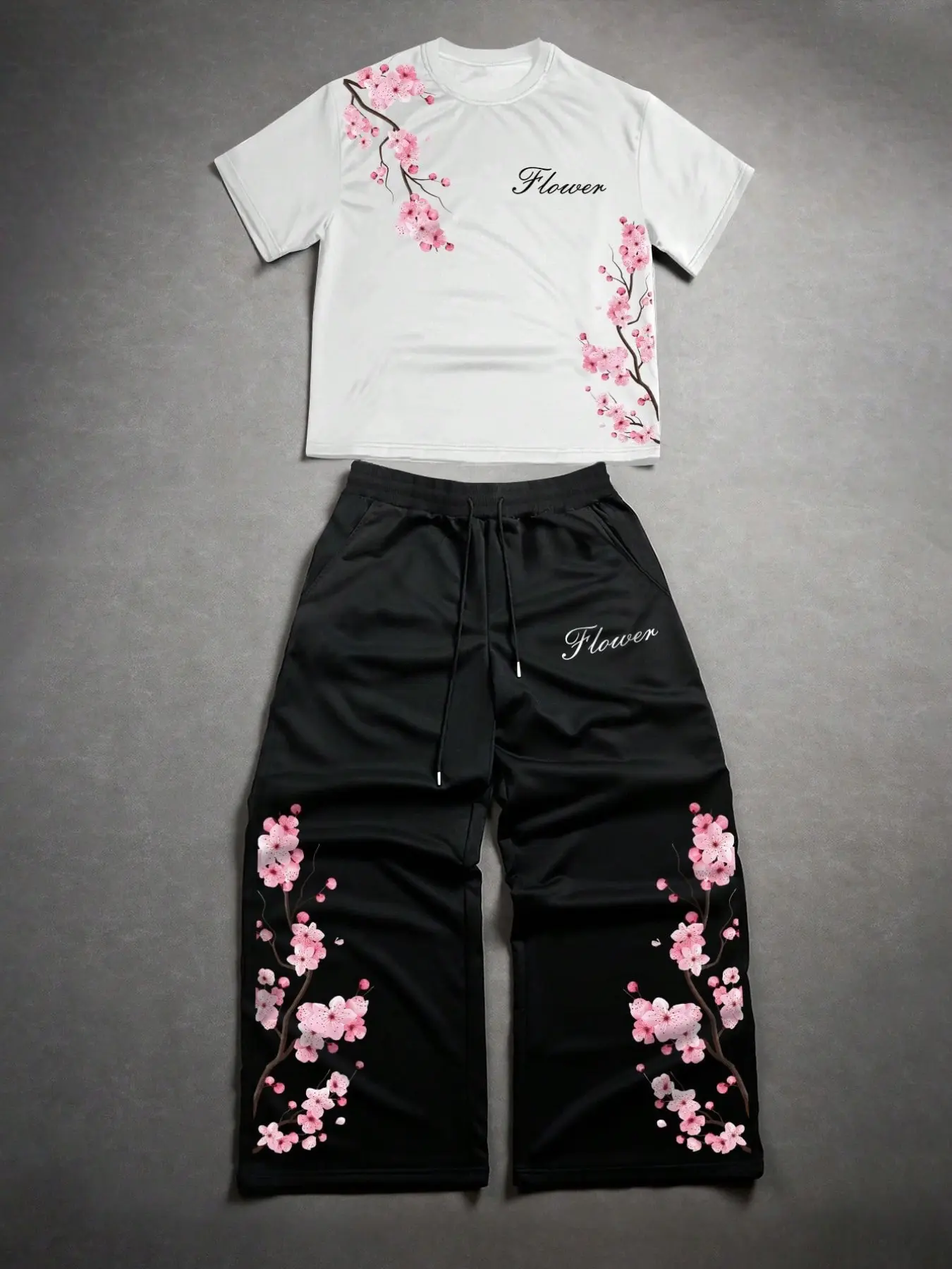 Men's Two-Piece Fashion Casual Set, Cherry Blossom Graphic T-Shirt and Drawstring Wide Leg Pants, All Seasons Wear, Loose Fit