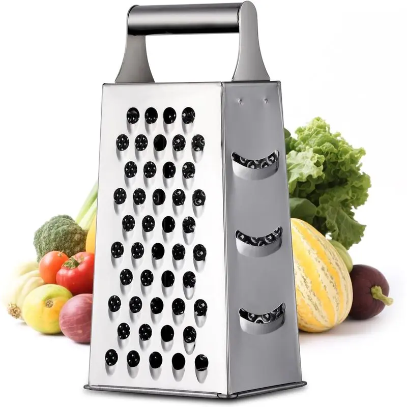 Handheld Cheese Grater Box for Kitchen, Stainless Steel 4 Sided Cheese Grater with Handle for Grinding Shredding & Slicing, Dishwasher Safe (Silver)
