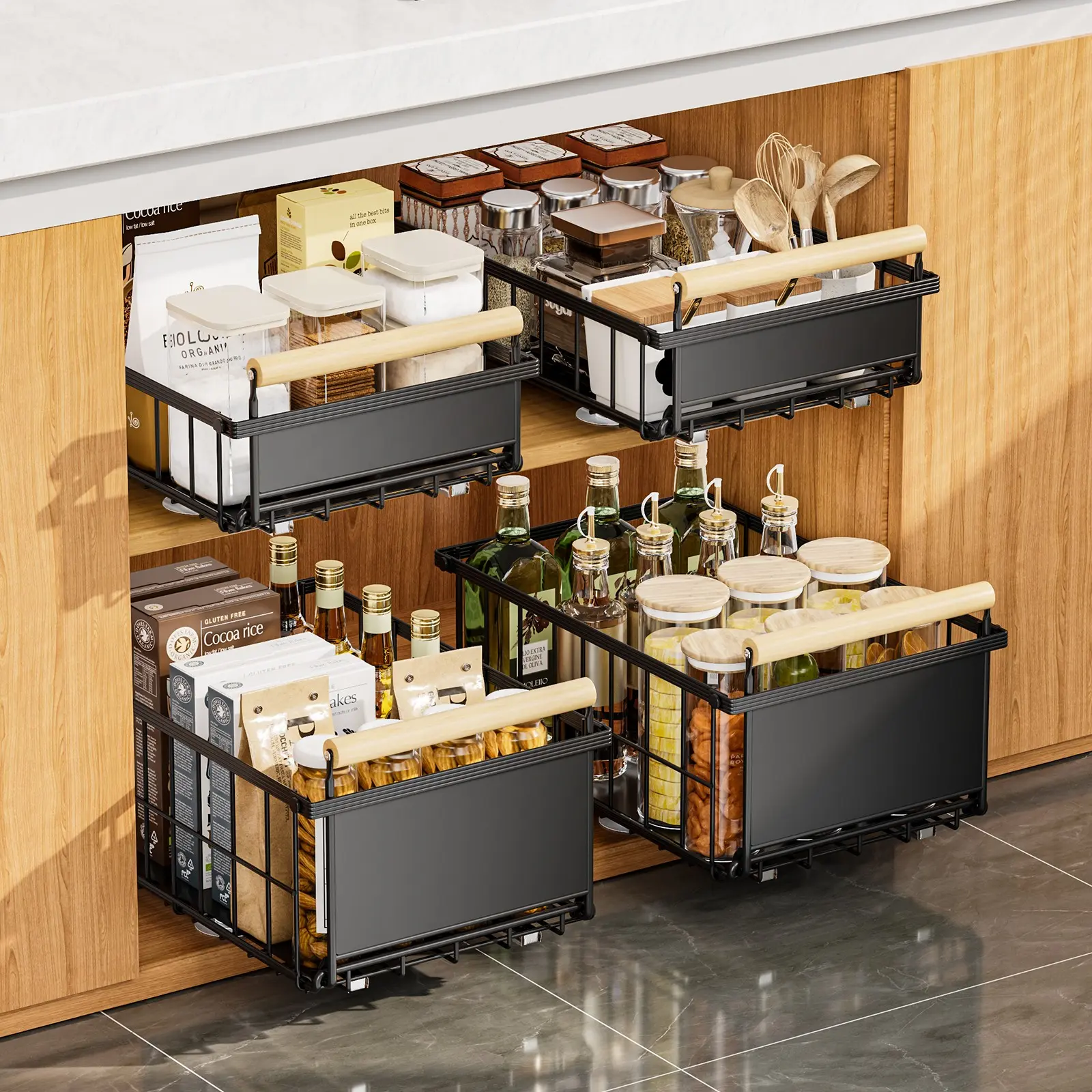 1/2 pc, Cabinet organizer racks, pull-out storage rack, Sliding storage baskets for kitchen cabinets, Under-sink storage rack, Drawer-style storage rack, No drilling required, Seasoning rack, cutlery rack, Suitable for kitchens and bathrooms