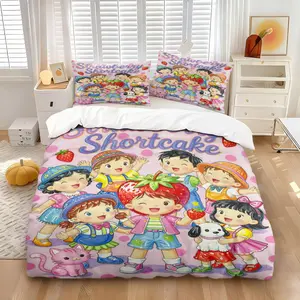 3 Pieces Cute Strawberry Kids & Friends Bedding Set, HD All Season Printing, 1 Duvet Cover + 1/2 Pillowcases Without Filler, Colorful Cartoon Children & Pet Print Decor Bedding for Kids Bedroom & Dorm