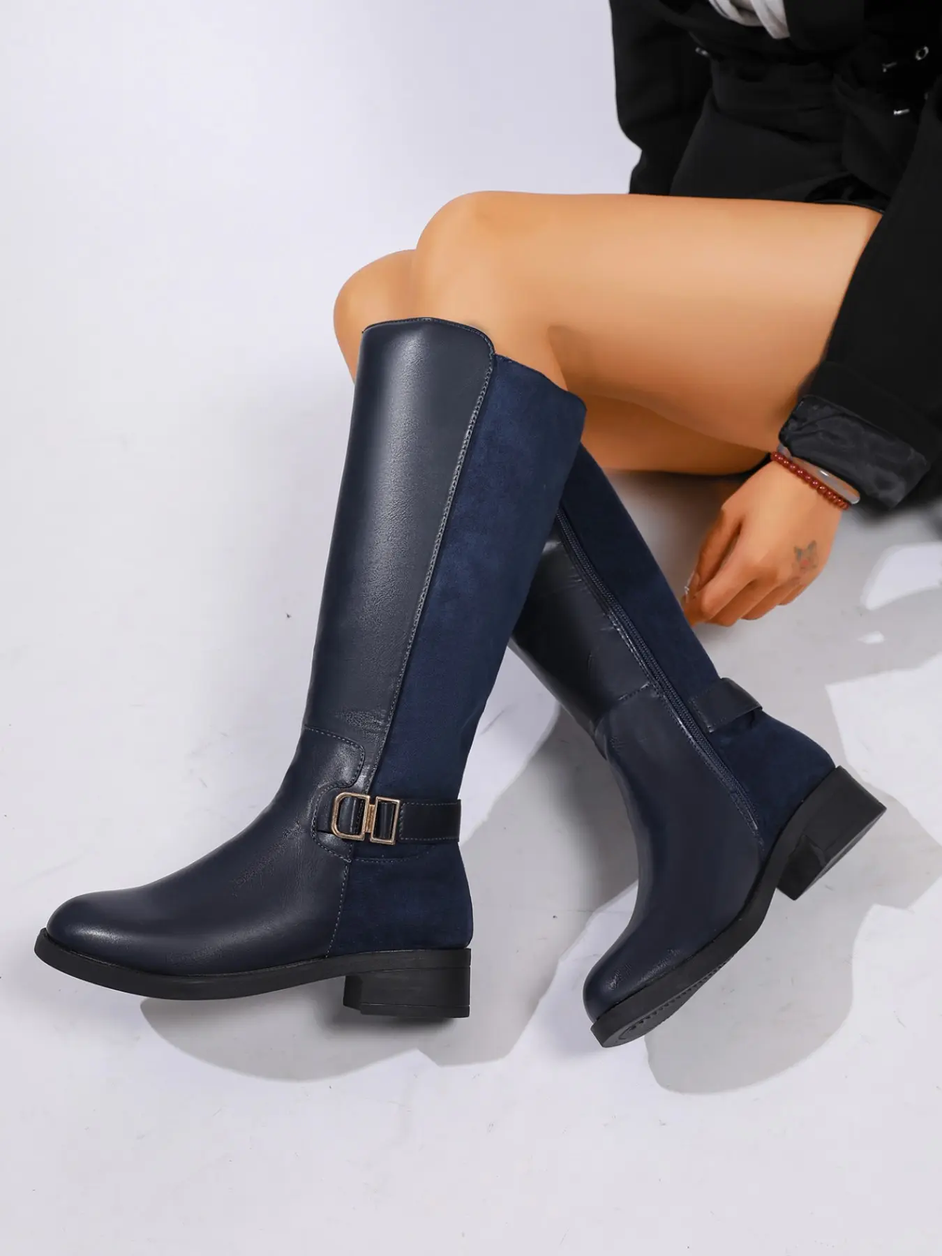 Vintage Denim Patchwork High Top Knight Boots, 4cm Thick Heel, Daily Wear Versatile Long Boots, Perfect for Street Style