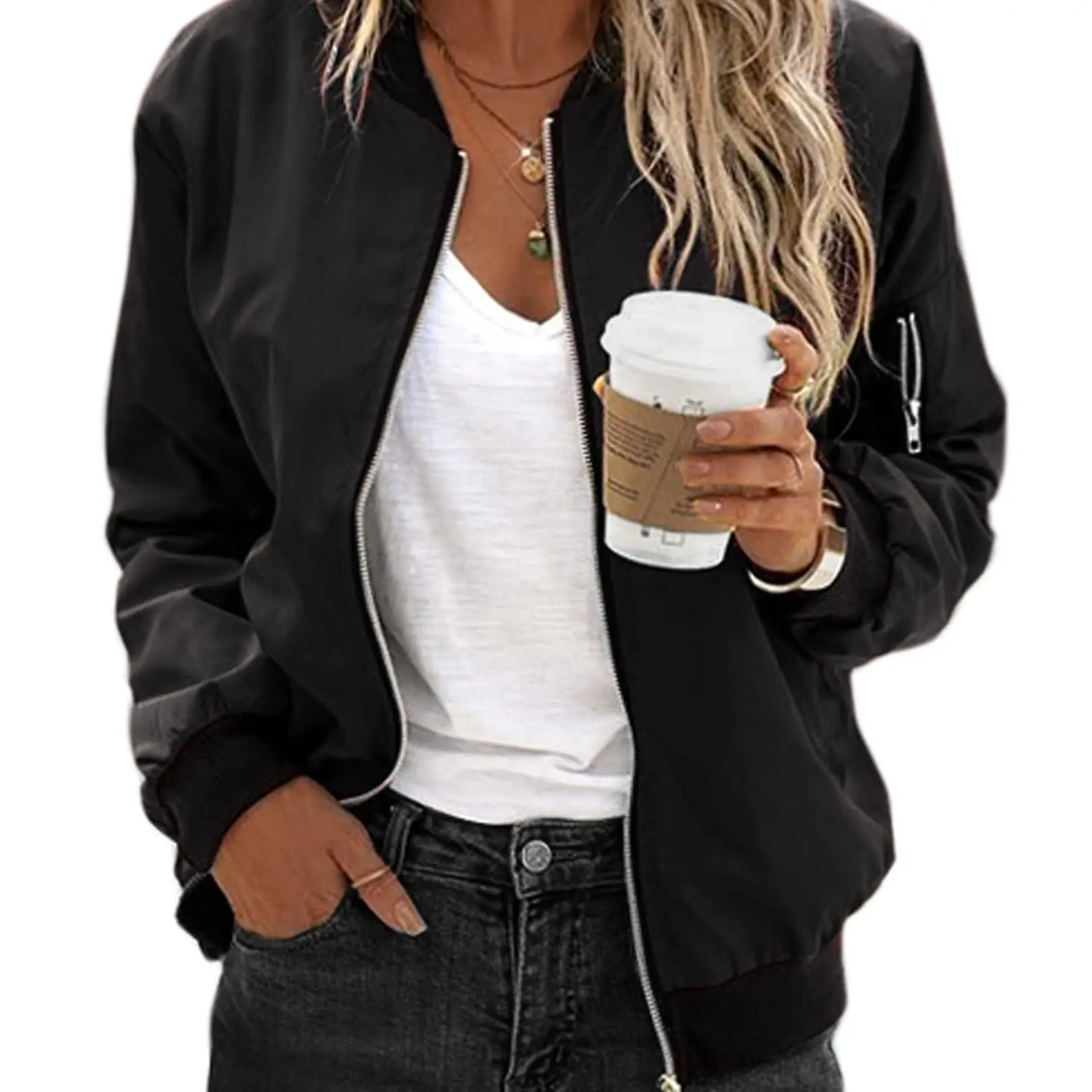 Zeagoo Women's Basic Long Sleeve Casual Bomber Jacket, Zip-Up Windbreaker Coat with Pockets, Tops for S-XXL Sizes