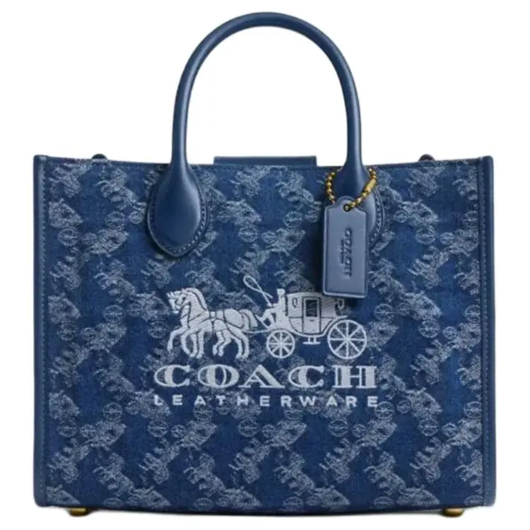 COACH Ace 26 Coachella Print Fabric Tote Bag for Women, Medium Size, Crossbody or Shoulder Carry, Navy Blue