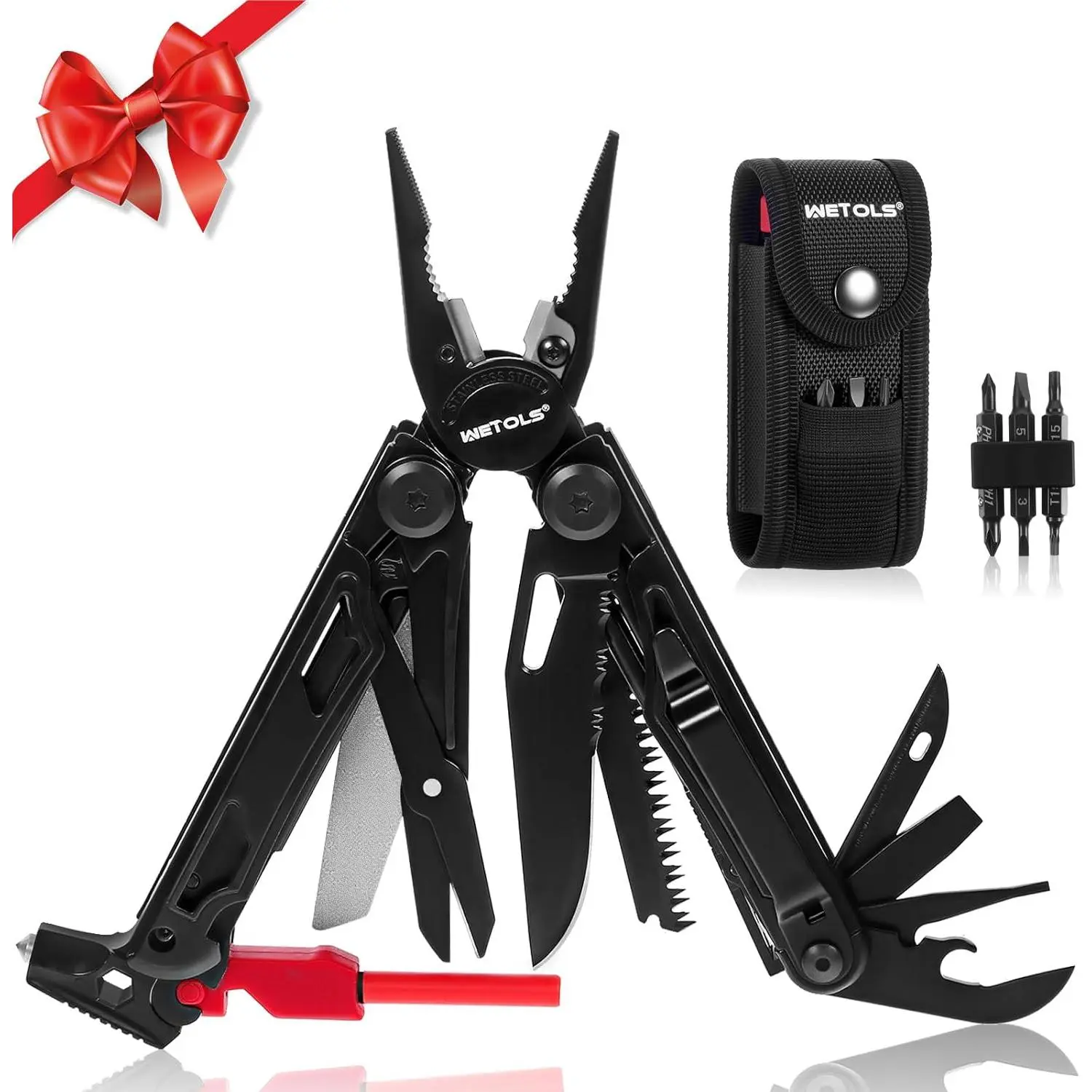27-in-1 EDC Multitool for Men/Women - Stainless Steel Needle Nose Pliers, Knife, Screwdrivers, Self-Locking Mechanism, Sheath + Bits, Closed 4.37 Inches for Camping/Survival