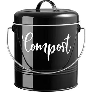 1.3 Gallon Farmhouse Kitchen Countertop Compost Bin, Indoor Compost Bucket with Lid and Charcoal Filters, Black
