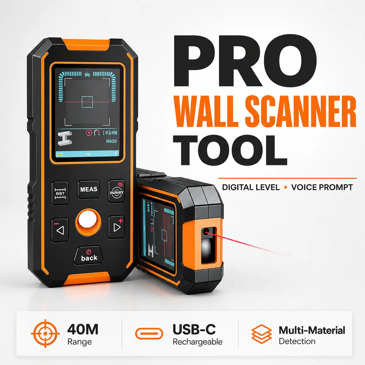 5-in-1 Wall Scanner Tool with Laser Distance Meter, Digital Level & HD LCD Display, Multi-Function Detector for Wood Studs, Metal, AC Wires and Pipes