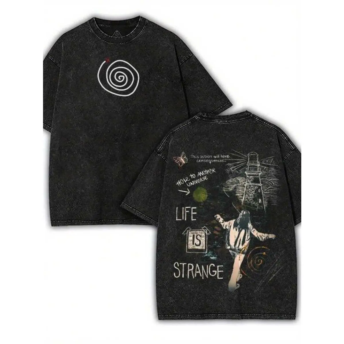 Men's Vintage Washed Life Is Strange Graphic T-Shirt - Oversized Short-Sleeve Streetwear Apparel, Front Spiral & Back Lighthouse Girl Prints, Retro Grunge Seamless Cotton Pieces, Shortsleeve