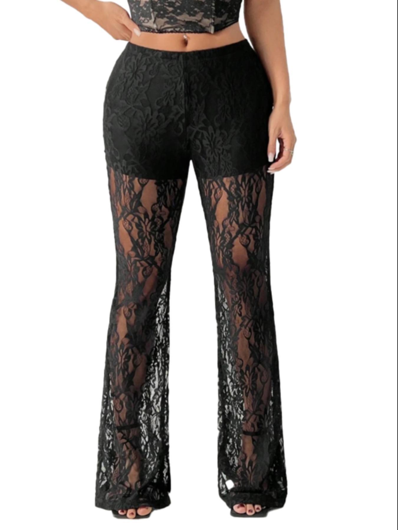 Women's Solid Lace Flare Leg Pants, Sexy Comfy  Bell Bottom Trousers for Daily Wear, Ladies Bottoms for Summer