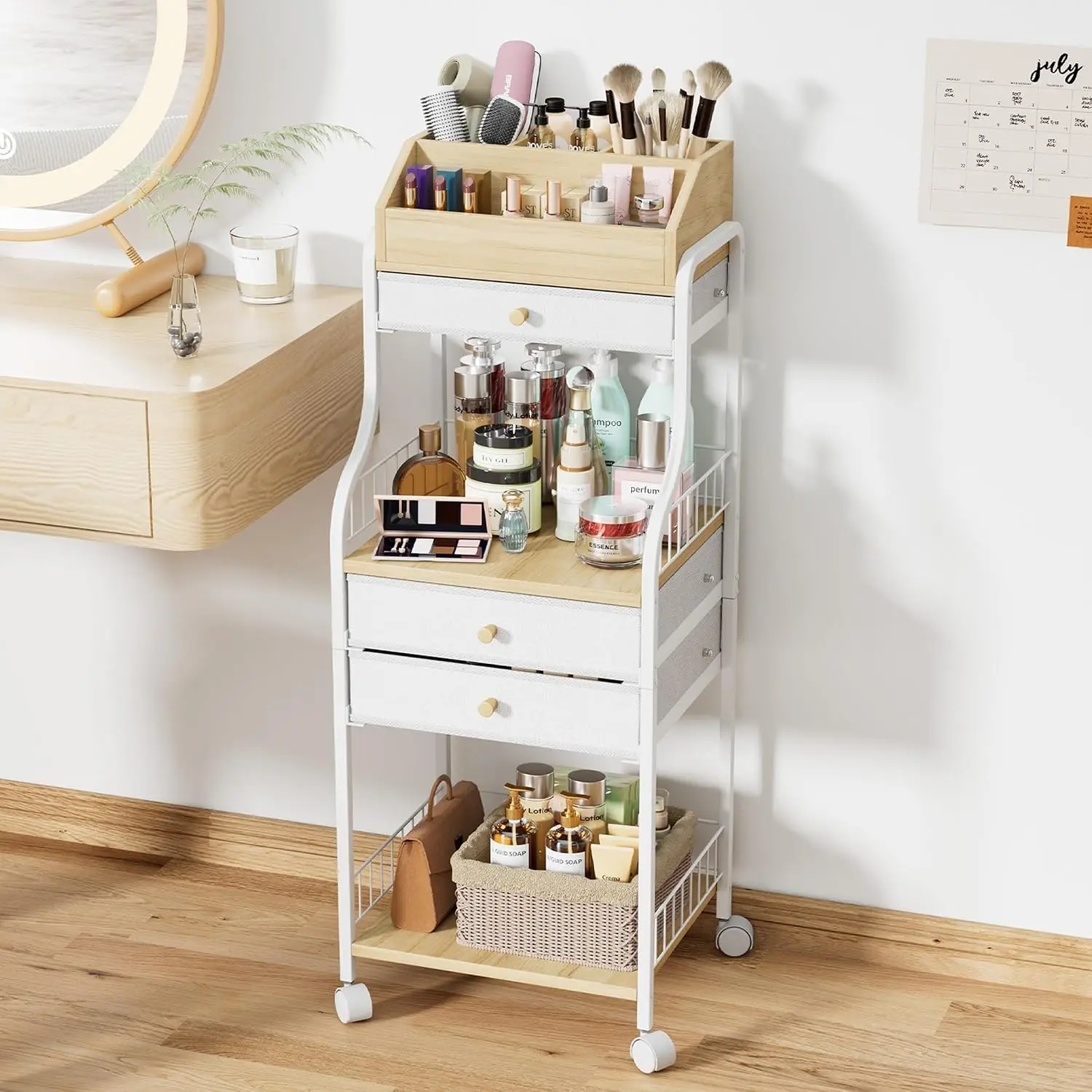 Rolling Makeup Organizer Cart - Floor Skincare Storage with Non-woven Drawers, Vanity Organizer Cosmetic Display Cases with Wheels, Cabinet for Skin Care Perfume Nail Polish Brush Hair Tool
