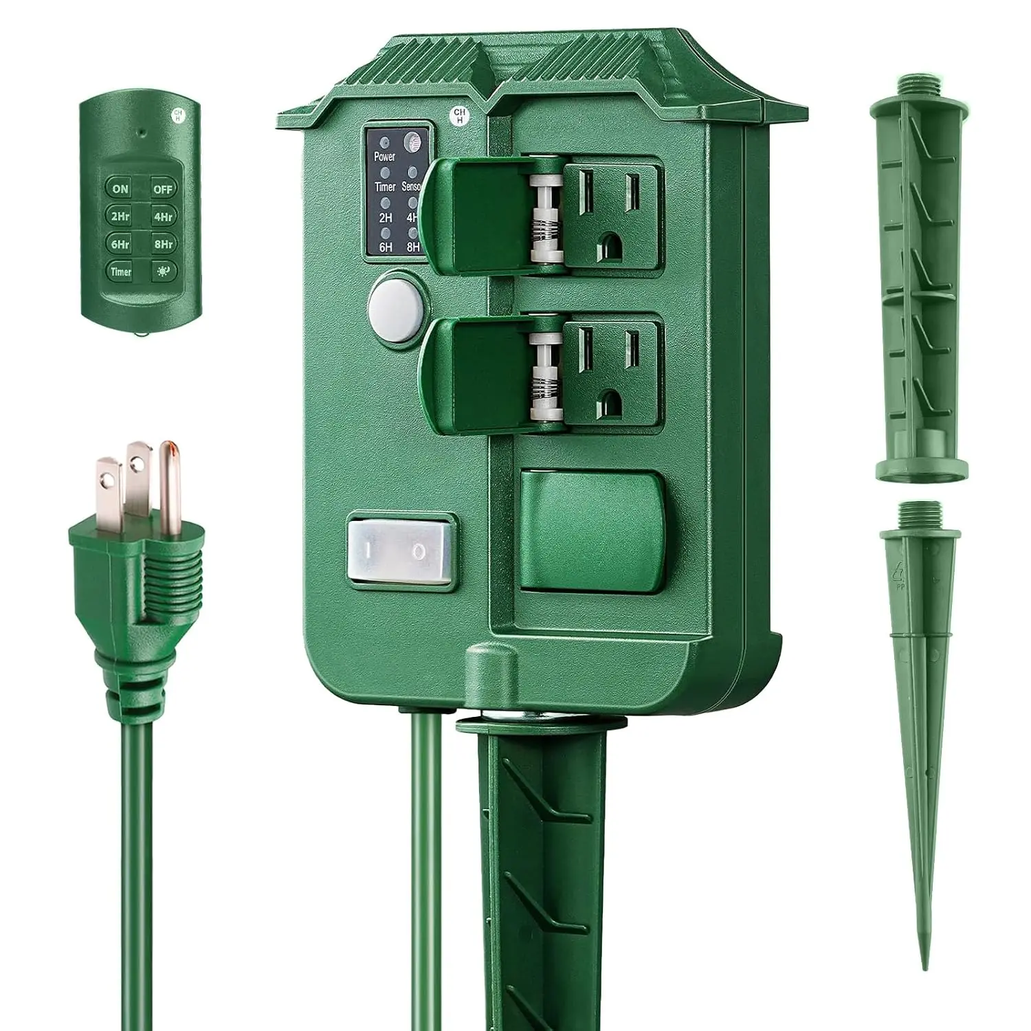 Outdoor Light Timer Waterproof, Dusk to Dawn Power Stake Timer Remote Control, 6 Grounded Electrical Outlets Timer for Outdoor Christmas Lights, Yard, Garden, Backyard, Halloween Decoration,13A