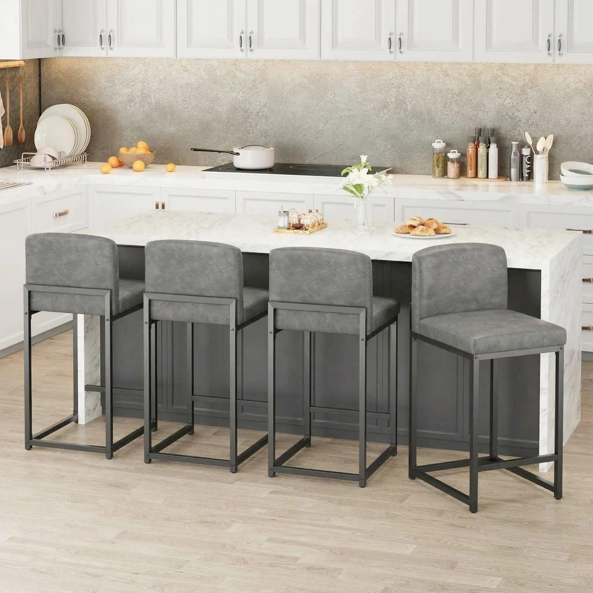 Bar Stools Set of 4-6 – Modern Counter Height Bar Stools with Back & Footrest, Faux Leather Upholstered Barstool Chairs for Kitchen Island, Dining Room & Bar