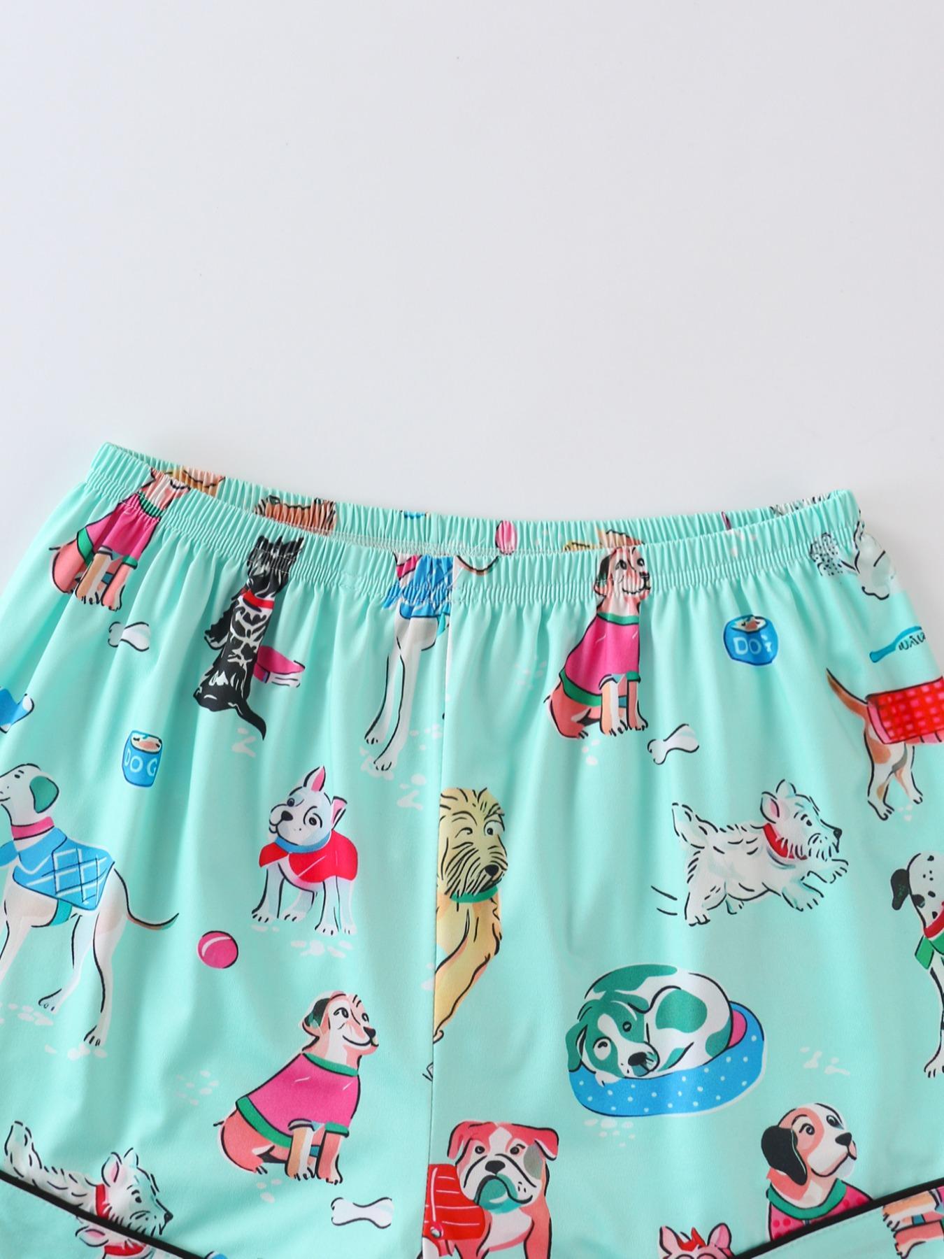 Women's Dog Print Top & Shorts Pajama Two-piece Set, Casual Comfy Short Sleeve Top & Shorts Pajama Set, Ladies Sleepwear for All Seasons, Loungewear, Womenswear, Sleep Pajamas Shorts, Cozy Loungewear