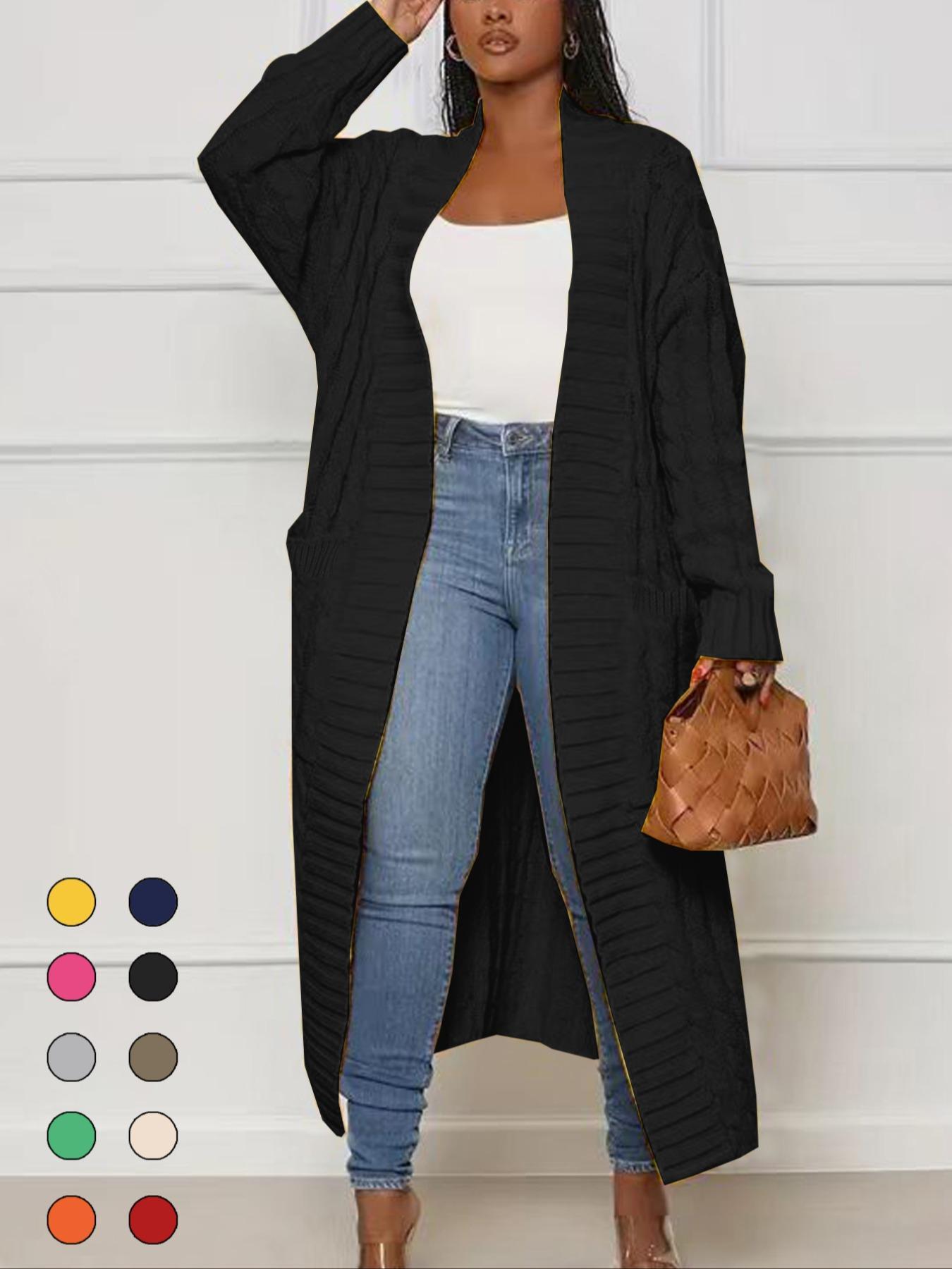 Women's Solid Color Textured Drop Shoulder Pocket Longline Cardigan, Casual Open Front Knitwear for Fall & Winter, Women's Knit Clothing for Daily Wear, Sweaters for Women