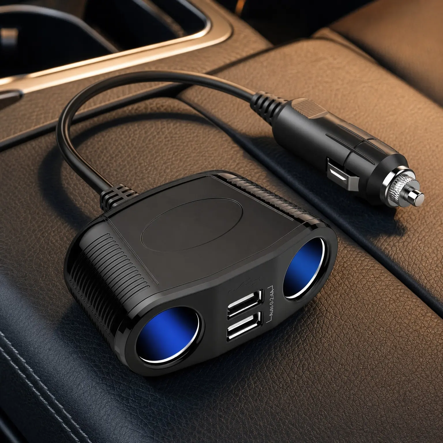 150W 2-Socket Car Cigarette Lighter Splitter with Dual 2.4A USB Ports & 26-Inch Cord, DC Car Charger Adapter for Phone GPS Dash CamGift