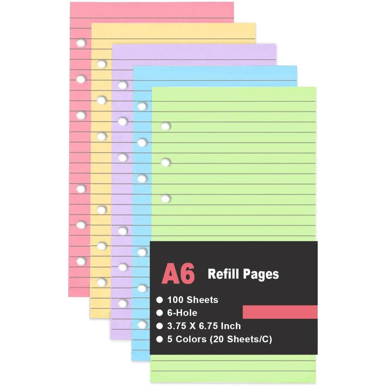 A6 Lined Paper Refill 6 Ring, A6 Filler 5 Colorful Line Paper Filofax Personal Binder Planner, 100gsm Ruled Pages, 100 Sheets/200 Pages, Per Color 20 Sheets, 3.75 x 6.75 In