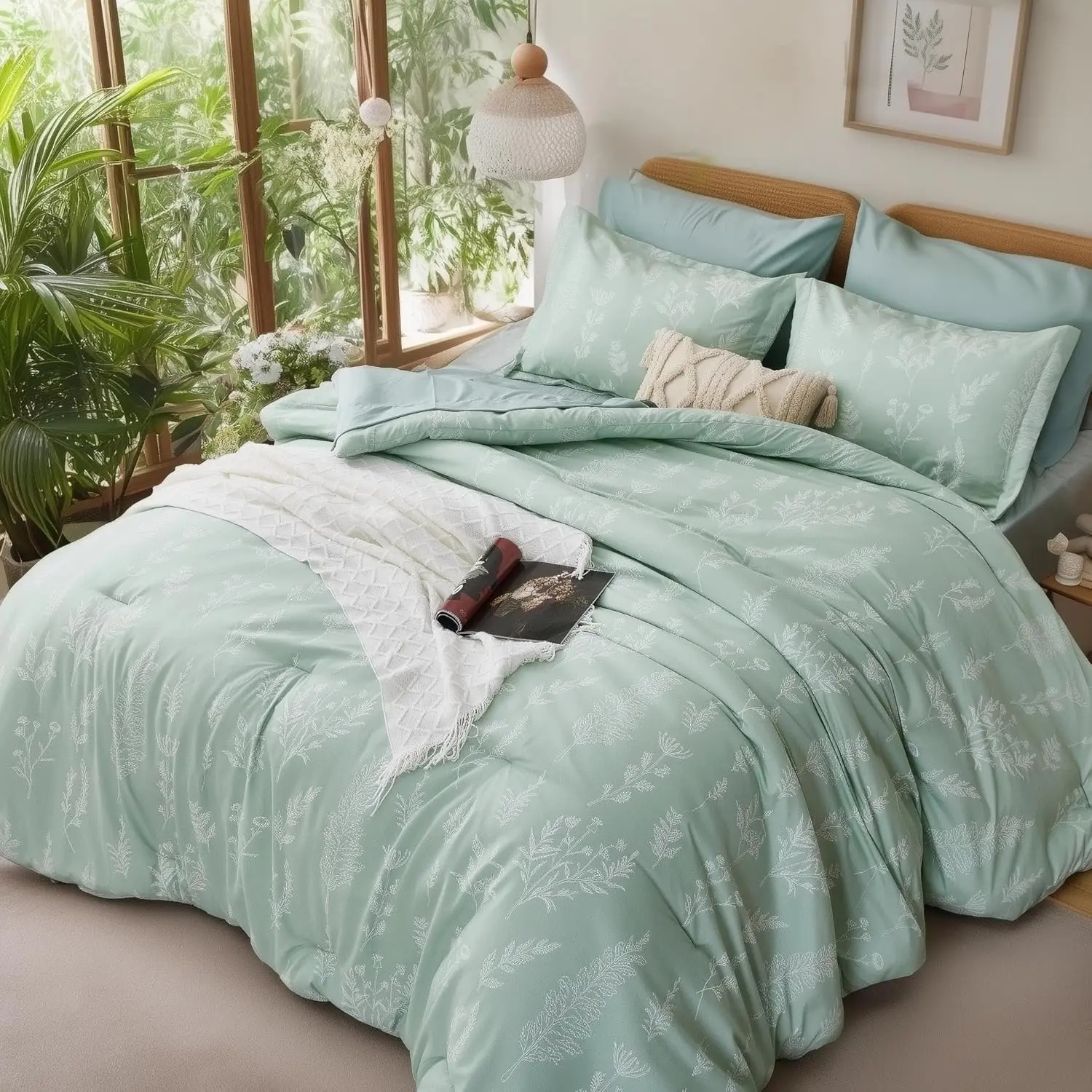 Queen Comforter Set 7 Pieces, Sage Green Comforter, Cute Floral Bed in a Bag Queen Boho, Soft Bedding Sets with Comforter, Sheets, Pillowcases & Shams, All