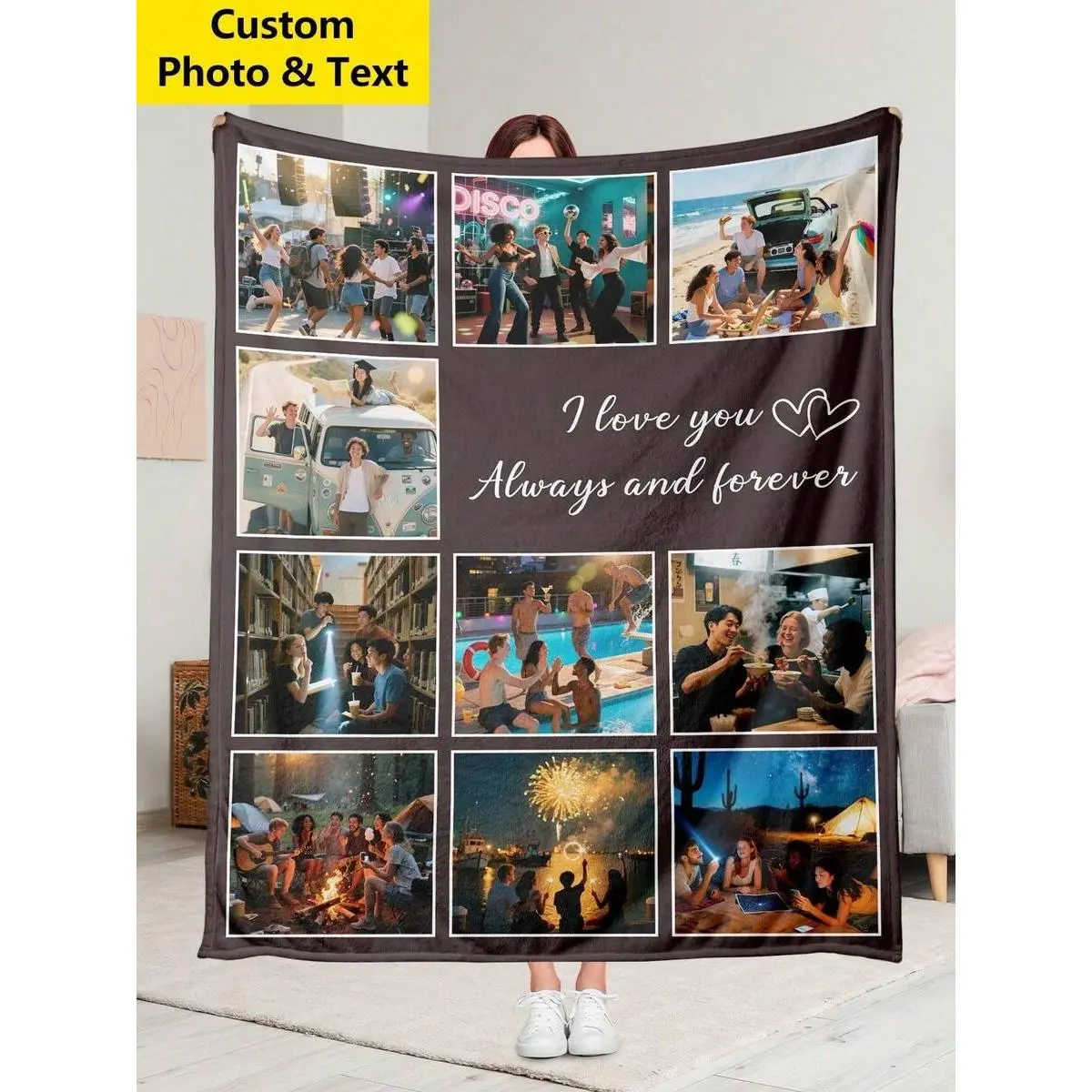 Custom Couple Throw Blanket, 1 Piece Soft Warm Flannel 10 Photo Blanket, Always Forever Brown Frame Design, Lightweight Portable Travel Blanket for Car Couch, Personalized Romantic Gift, Keepsake Decor