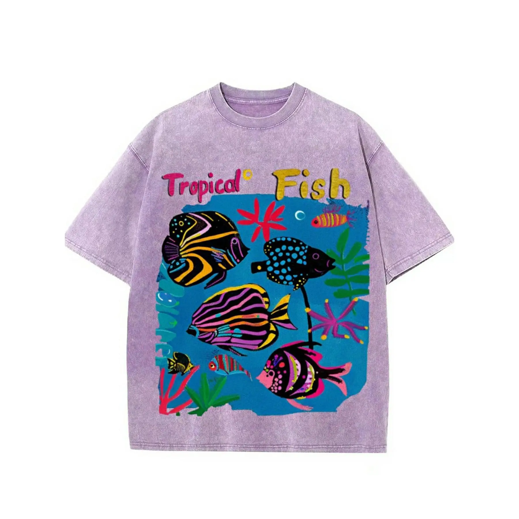230G Washed, Tropical Fish Party Print T-Shirt, High-Quality Batik Retro Fashion Brand T-Shirt, Unisex T-Shirt, Everyday Wear, Holiday Gift, Perfect Present