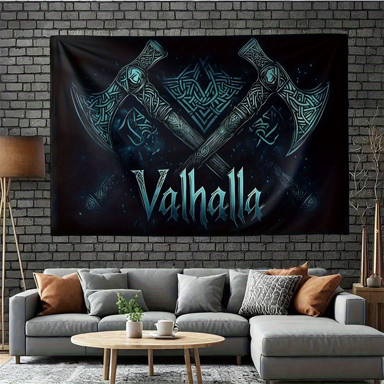 Fantasy Axe Theme Banner with Celtic Knots and Stars, Vibrant Blue Wall Art for Living Room Bedroom Office Party Backdrop, High-Quality Peach Beige Fabric Home Decor