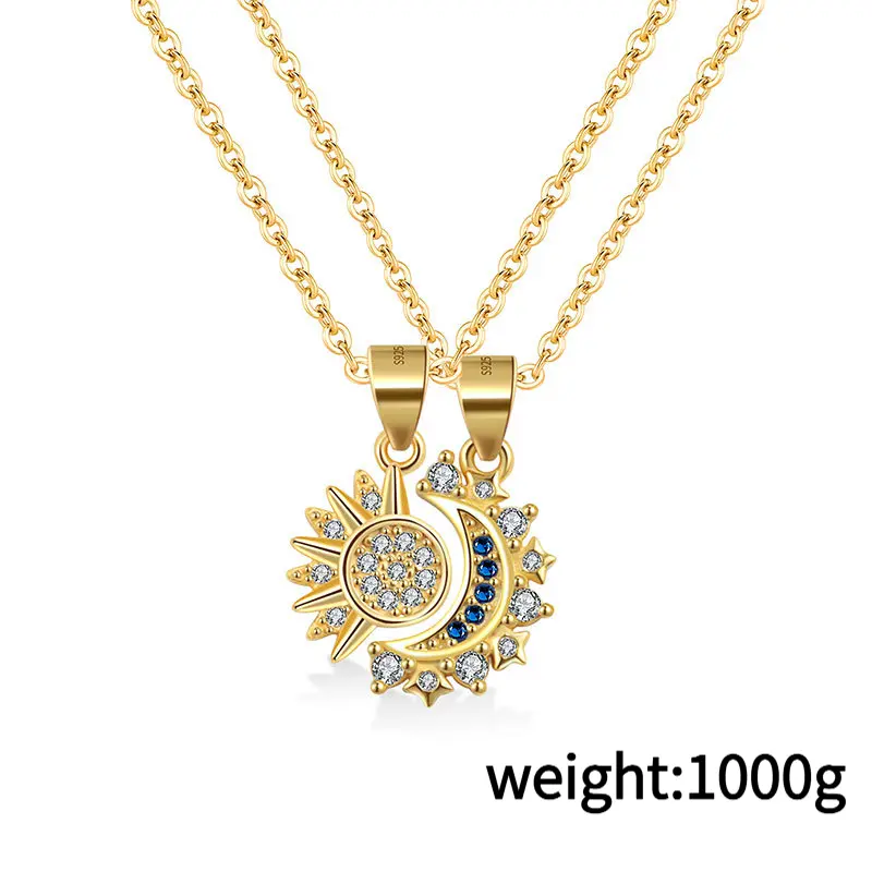 Layered Necklace for Couples in S925 Sterling Silver, Sun and Moon Motif Pendant Charm, Trendy Fashion Jewelry, Couples Theme, Layered Chain, Sun-Moon Motifs, Couple Pair, European/American