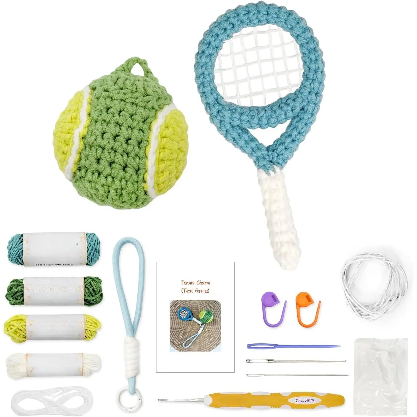Crochet Kit Charm  - Complete Kit, Step by Step Video Tutorial and Detailed Instructions- for Ambitious Beginners, Intermediate and  Crocheters (Tennis Teal Grass)
