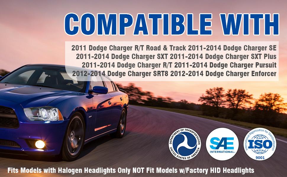 Headlight Assembly w/Bulbs Compatible with 2011-2014 Dodge Charger OE Halogen Headlamp Chrome Housing Amber Reflector Replacement Driver and Passenger Side