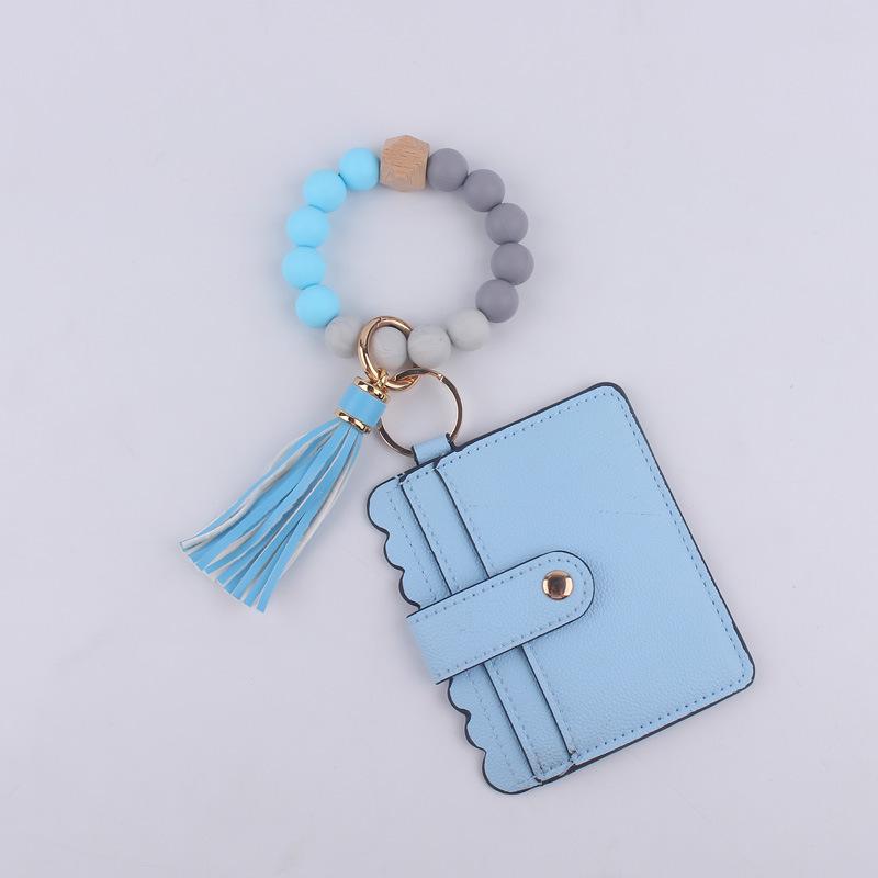 Silicone bead bracelet card holder accessories, silicone bead wristband, PU tassel women's wallet, leather tassel keychain
