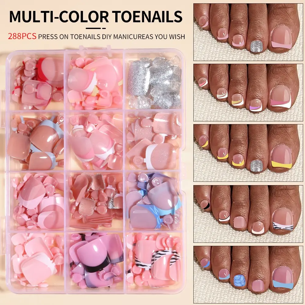 288pcs Minimalist Multicolor French Toe Nails, Press Ons, Fake Toenails, DIY False Toenails, Ice Transparent Base, 12 Macaron Colors, Silver Color Glitter, No File Needed, Includes Nail Tools, Nails Art, French Tip Toenails