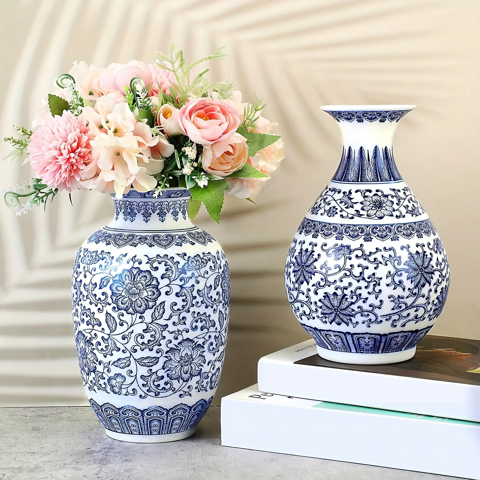 2pcs Handmade Chinese Porcelain Vase - Blue and White Ceramic Oriental Vases, Chinoiserie Vintage Round Vases with Classic Flower Decor for home, Office, Table Centerpiece - Authentic Handmade Ceramic Art for Asian Decor (9 Inch) 2 Vases