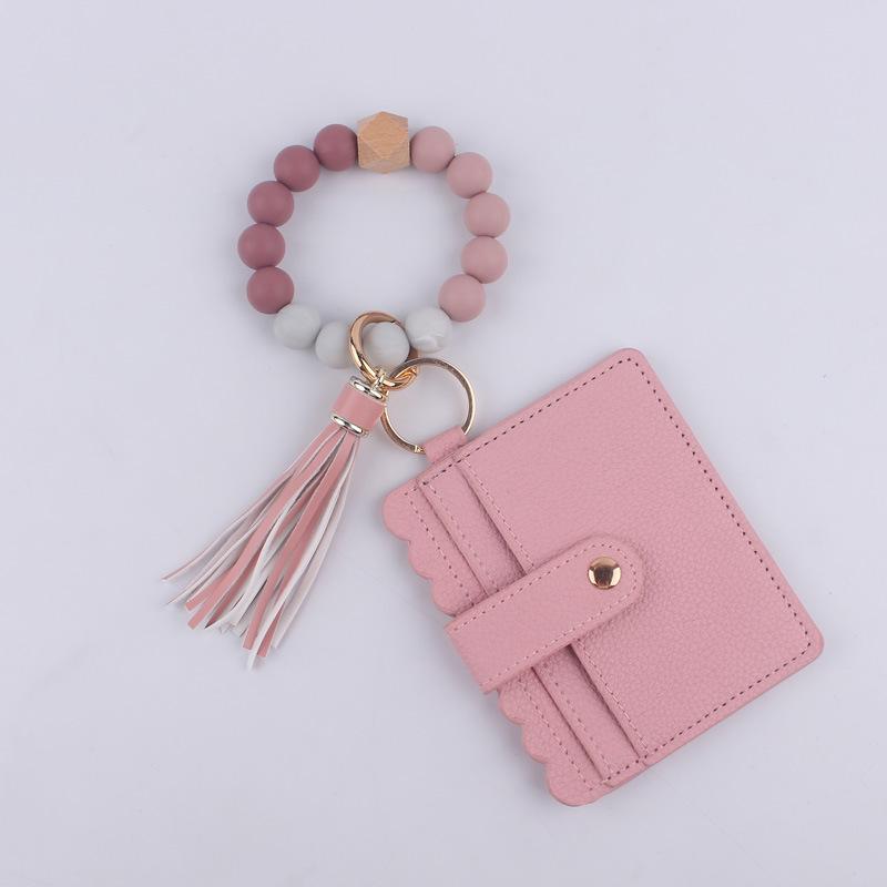 Silicone bead bracelet card holder accessories, silicone bead wristband, PU tassel women's wallet, leather tassel keychain