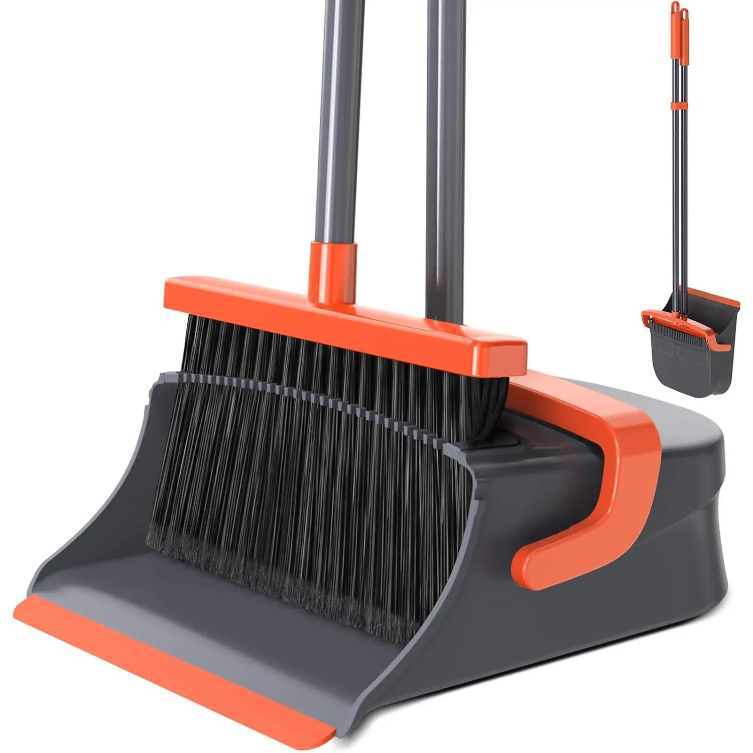 Broom with Dustpan Set for Pet Hair & Dust Cleanup, Orange & Gray |   Long Handle Upright Standing Self-Cleaning Broom and Dustpan Set for Indoor Outdoor Use for Home, Kitchen, Office