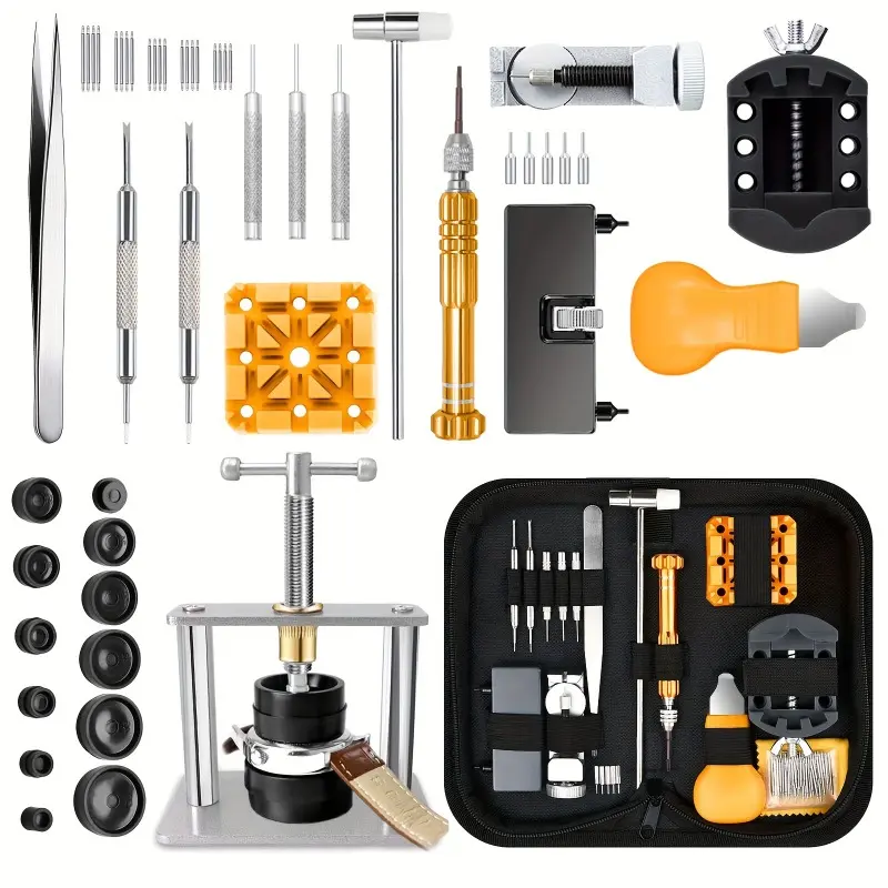 91pcs Watch Repair Kit and Watch Press Tool, Battery Replacement, Case Opener/Closer, Link Remover Sizing Bracelet, Screwdriver, Band Pin Removal, Spring Bar, Small Precision Hammer Weighing 1.48 Oz