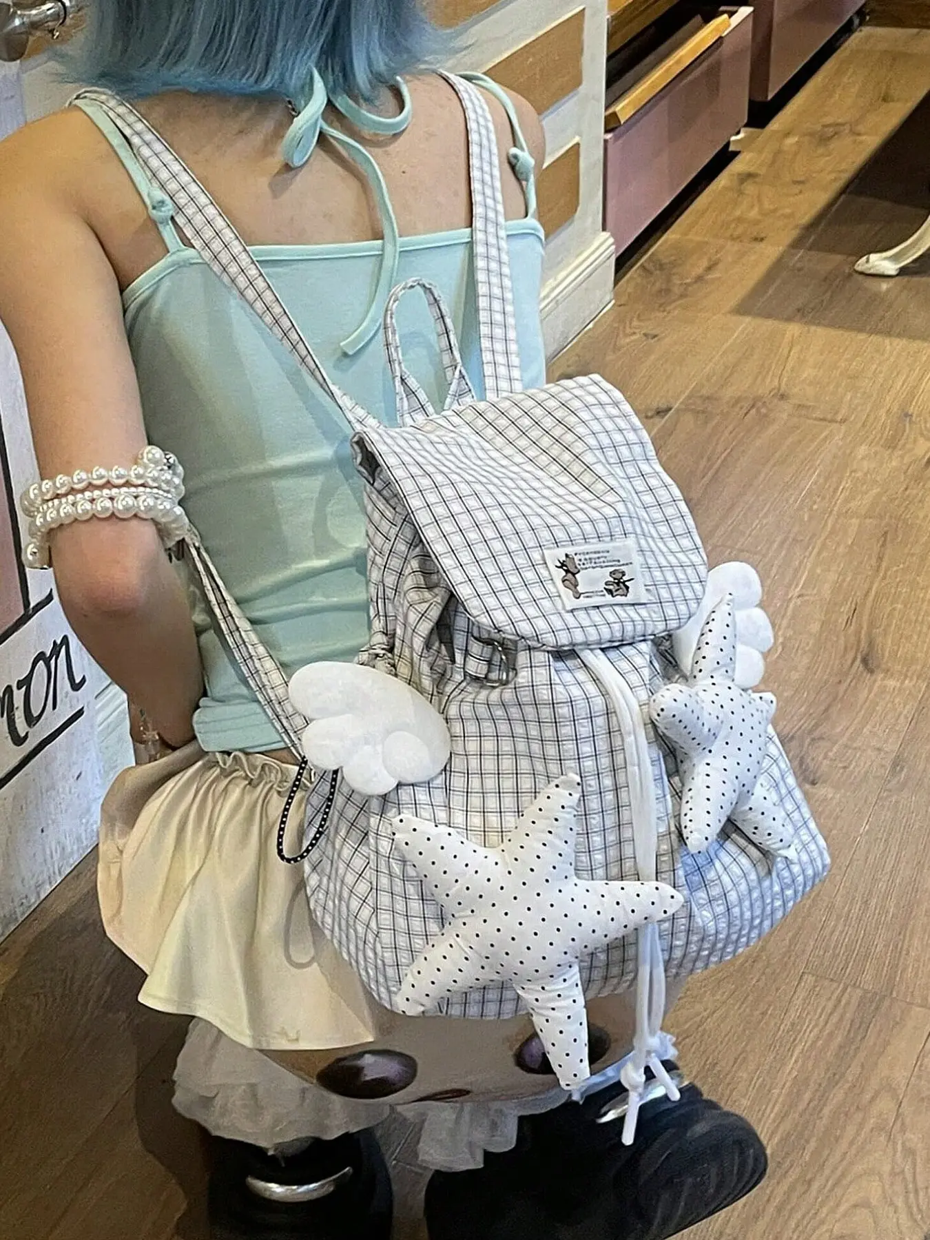 Academic Style Student Casual Plaid Backpack, Y2K Anime Commuter School Bag, Unique Star Hiking Shoulder Bag, Versatile Small Bookbag, Checkered Backpack